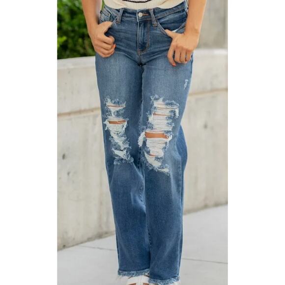 Judy Blue Honey Mid Rise Dad Jean‎ Size 14W (32x32) Distressed Raw Hem Stretchy - Picture 1 of 12